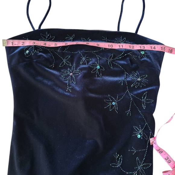 Y2K Velvet Maxi Slip Dress Spaghetti Strap  Beaded Floral Formal Navy Blue 7/8 - Picture 10 of 11